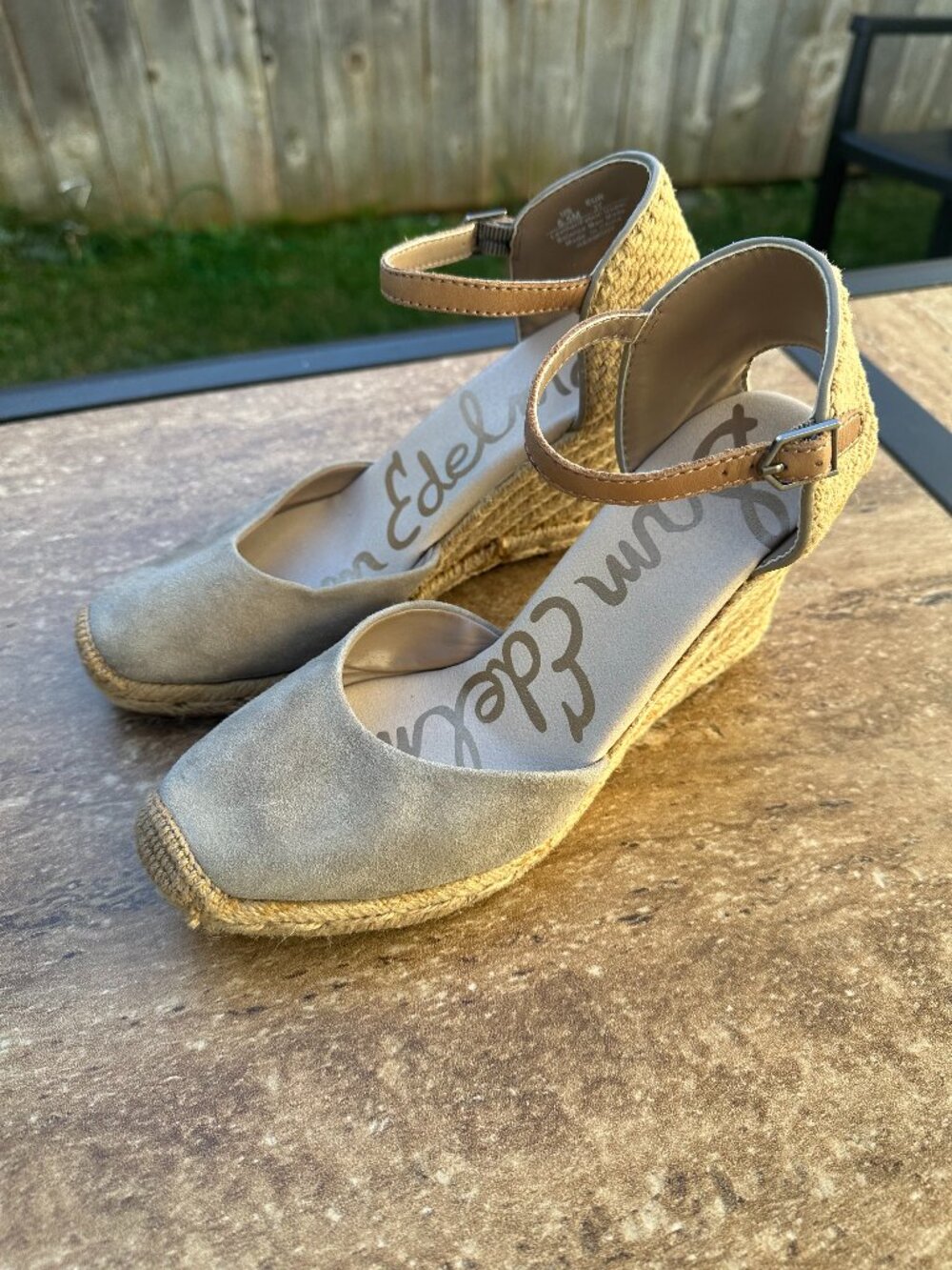 Sam Edelman Harmony Grey Suede Ankle Strap Espadrille Wedges - Size 6.5